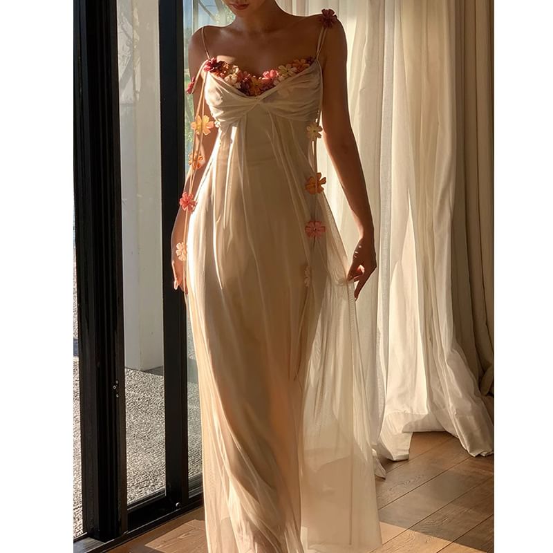 V-Neck Strap Maxi Floral Spaghetti Accent Dress A-Line Open Ruched Back