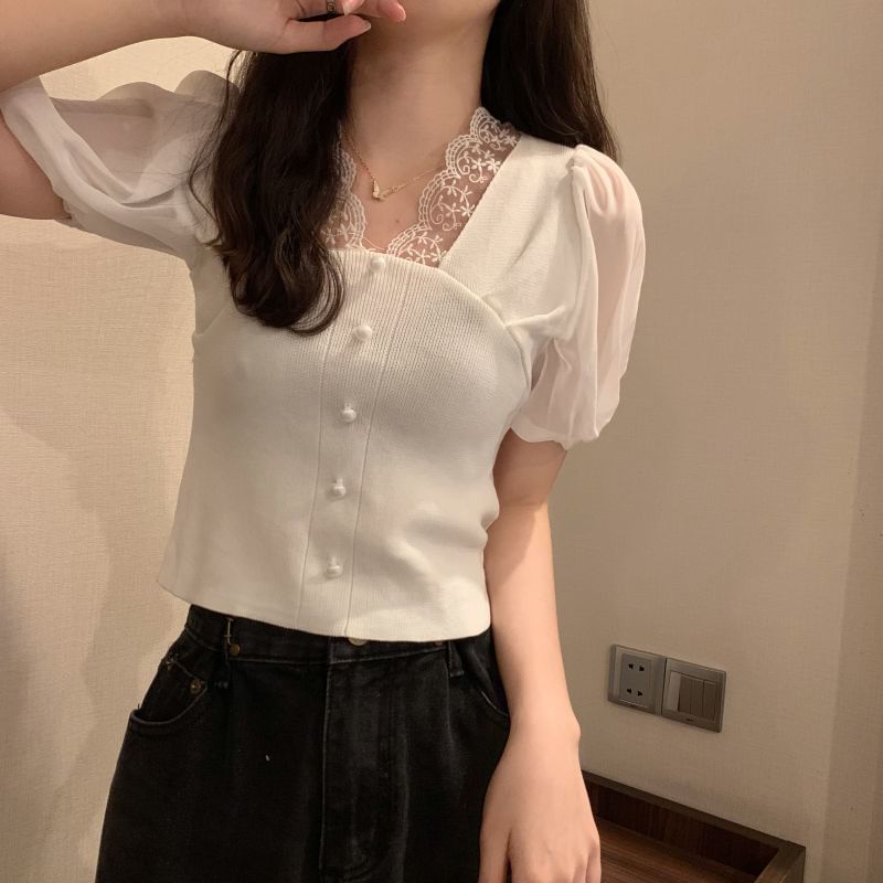 Top Embroidered Button Panel V-Neck Short-Sleeve