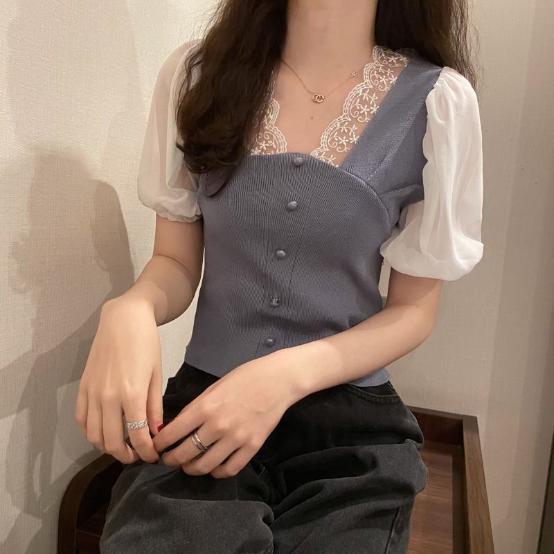Top Embroidered Button Panel V-Neck Short-Sleeve