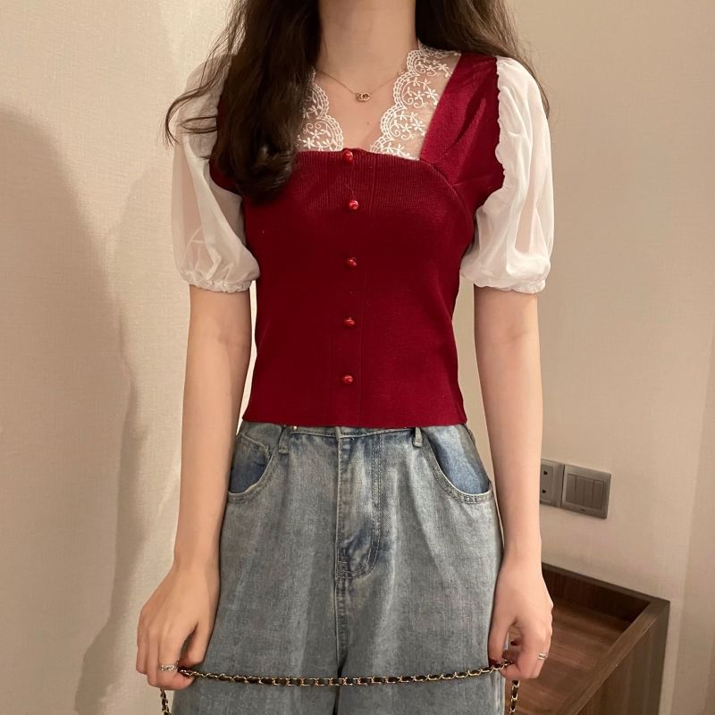 Top Embroidered Button Panel V-Neck Short-Sleeve