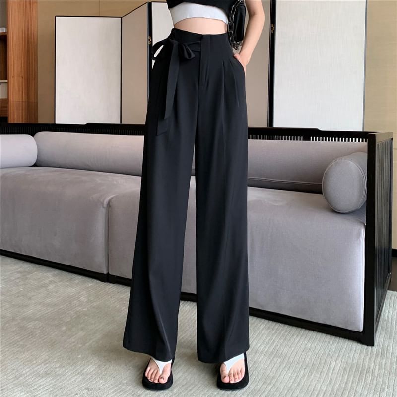 Leg Dress Wide Waist Tie-Up High Plain Pants