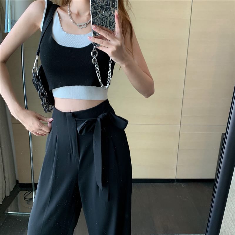 Leg Dress Wide Waist Tie-Up High Plain Pants