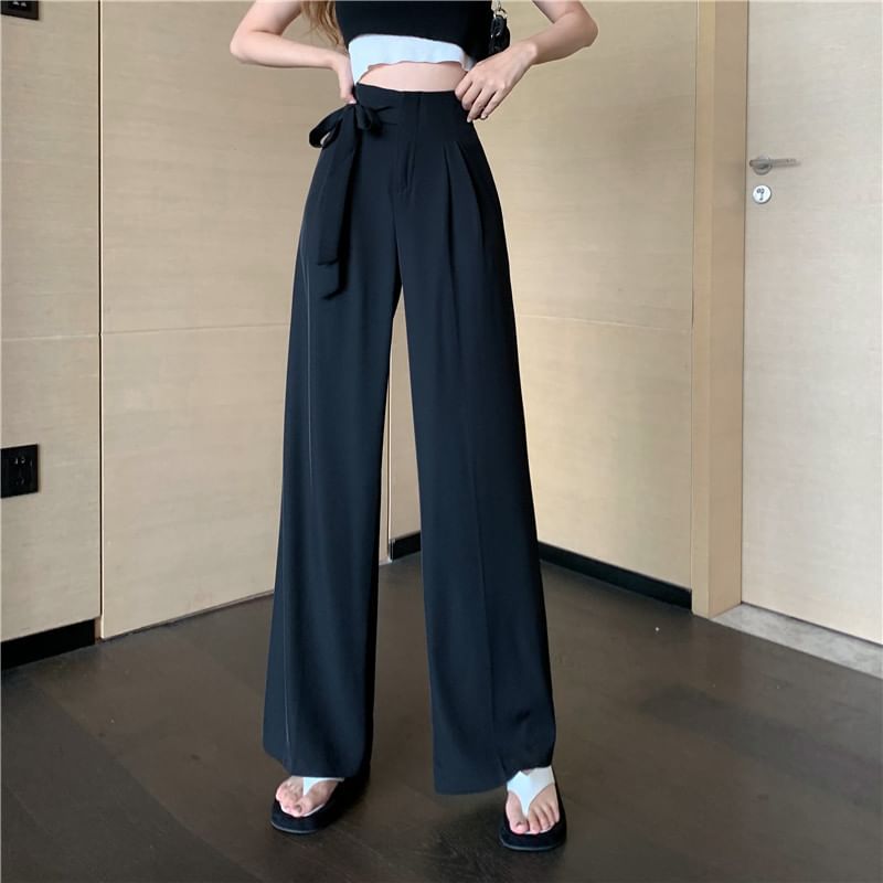 Leg Dress Wide Waist Tie-Up High Plain Pants