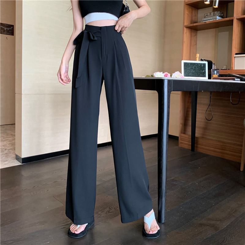 Leg Dress Wide Waist Tie-Up High Plain Pants