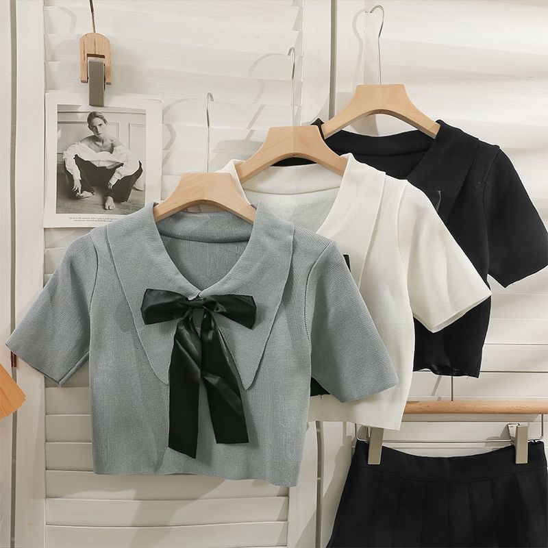 Collared Bow Top Crop Short-Sleeve Knit