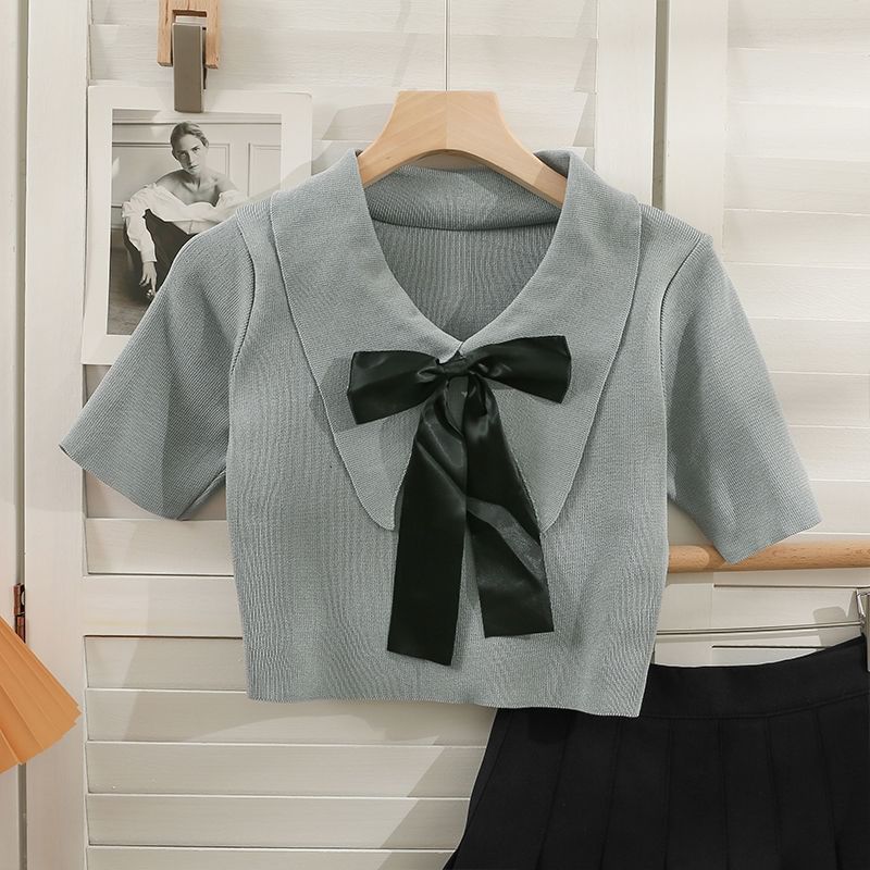 Collared Bow Top Crop Short-Sleeve Knit