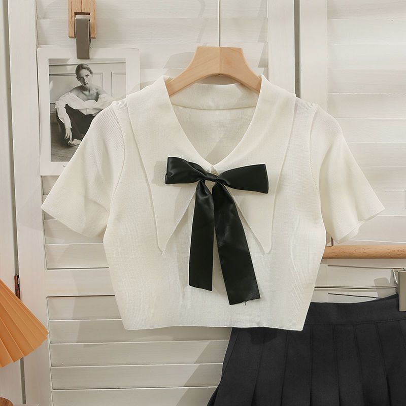 Collared Bow Top Crop Short-Sleeve Knit