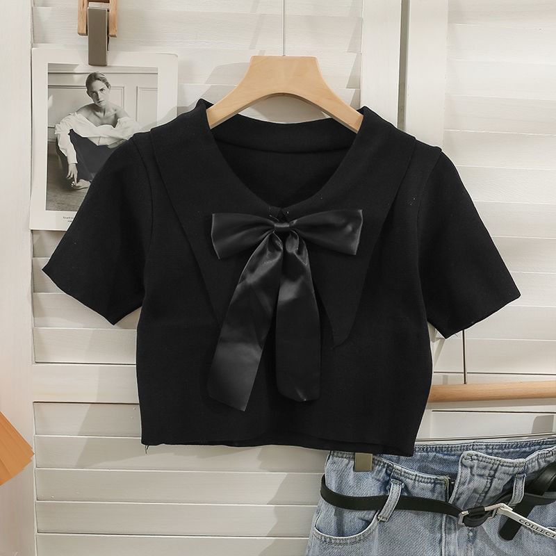 Collared Bow Top Crop Short-Sleeve Knit