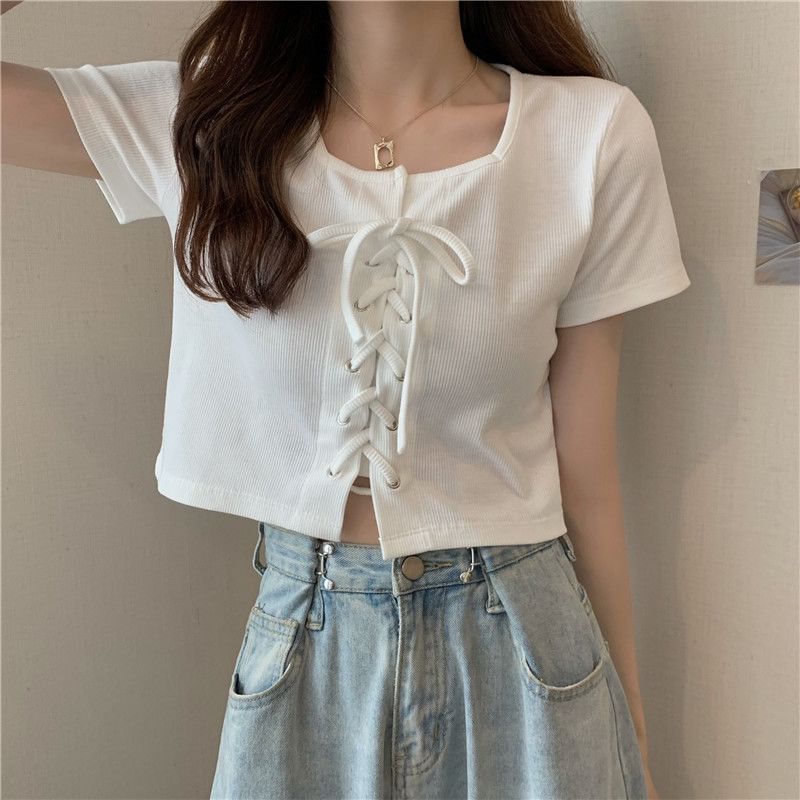 Neck Lace Short-Sleeve Plain Square Top Up