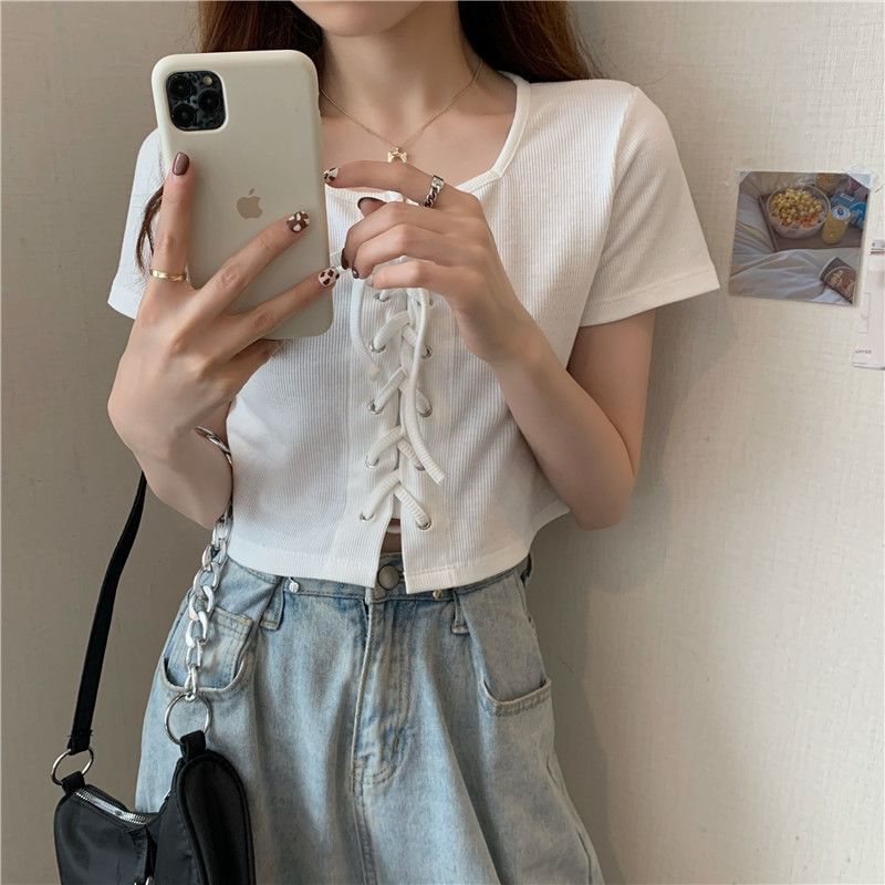 Neck Lace Short-Sleeve Plain Square Top Up