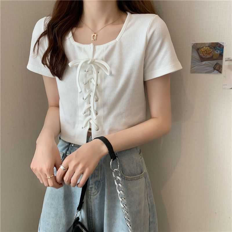 Neck Lace Short-Sleeve Plain Square Top Up