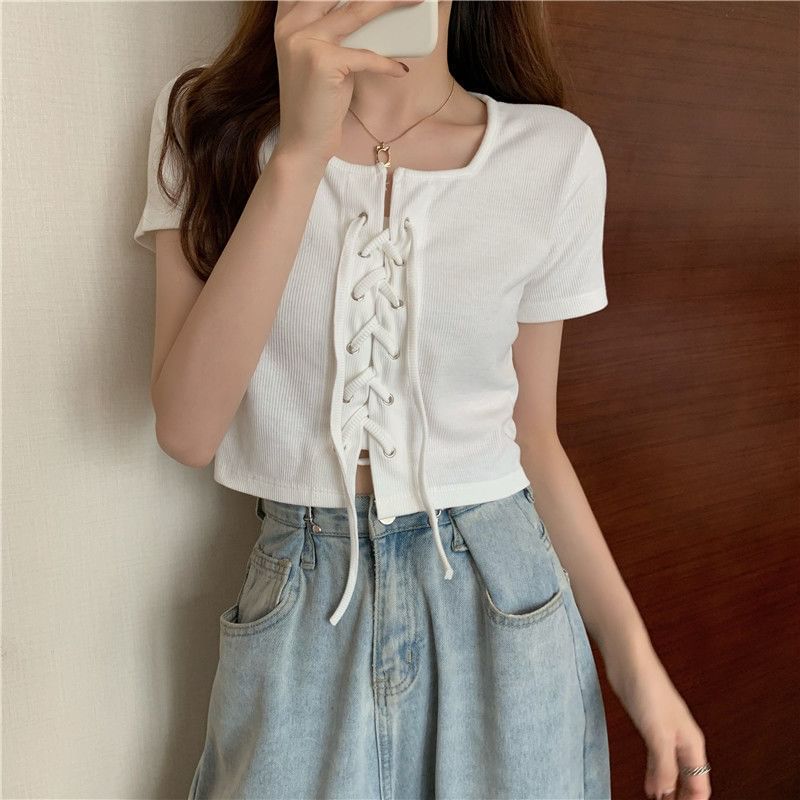 Neck Lace Short-Sleeve Plain Square Top Up