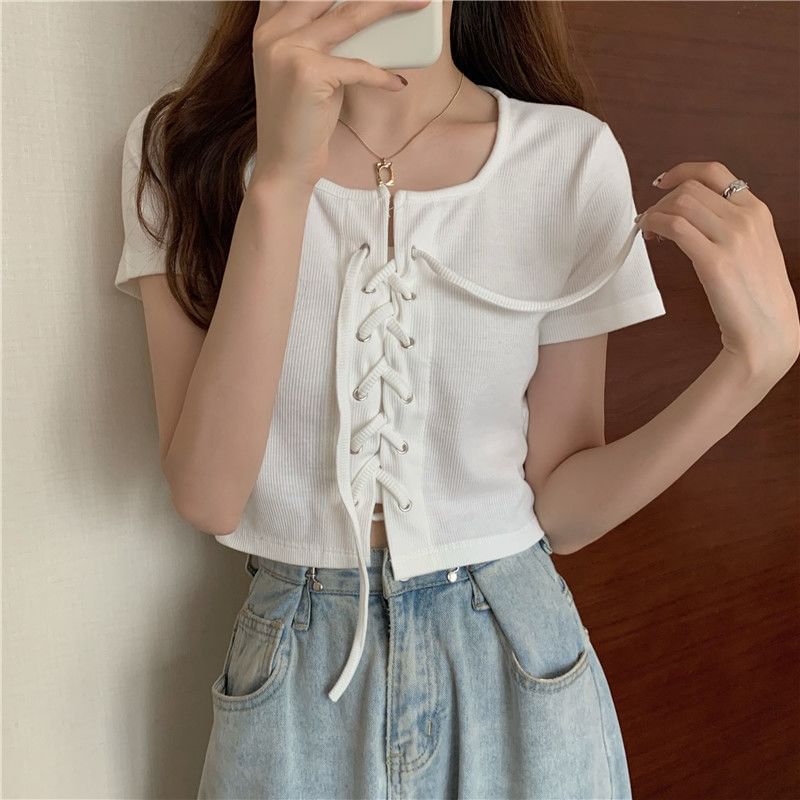 Neck Lace Short-Sleeve Plain Square Top Up