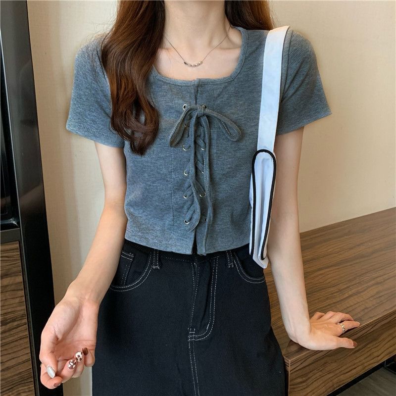 Neck Lace Short-Sleeve Plain Square Top Up