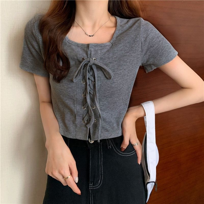 Neck Lace Short-Sleeve Plain Square Top Up