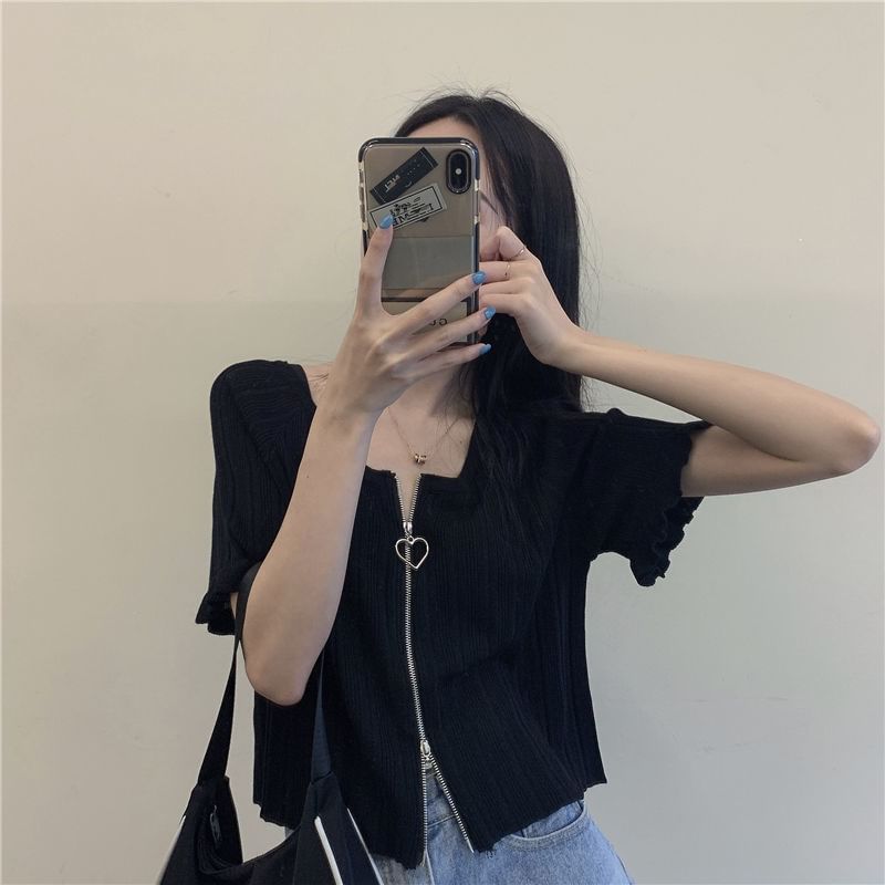 Round Plain Zip Cardigan Ribbed Short-Sleeve Neck