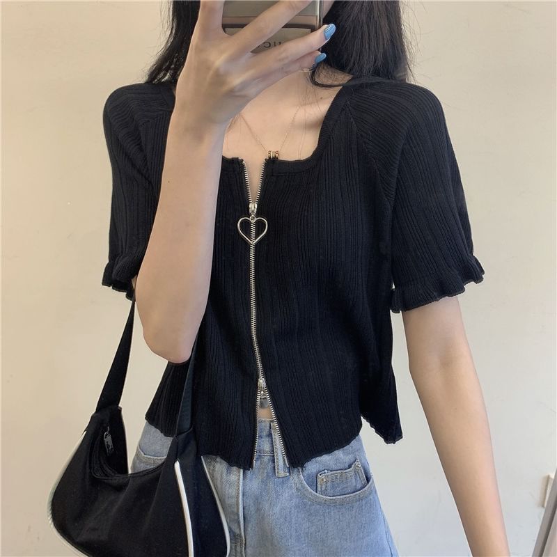Round Plain Zip Cardigan Ribbed Short-Sleeve Neck