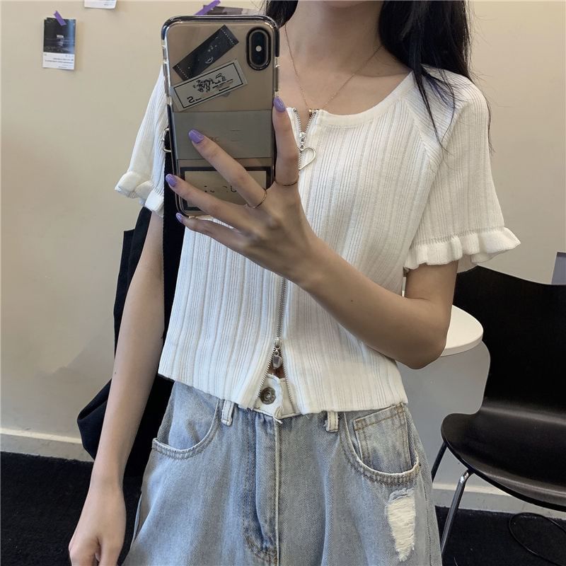 Round Plain Zip Cardigan Ribbed Short-Sleeve Neck