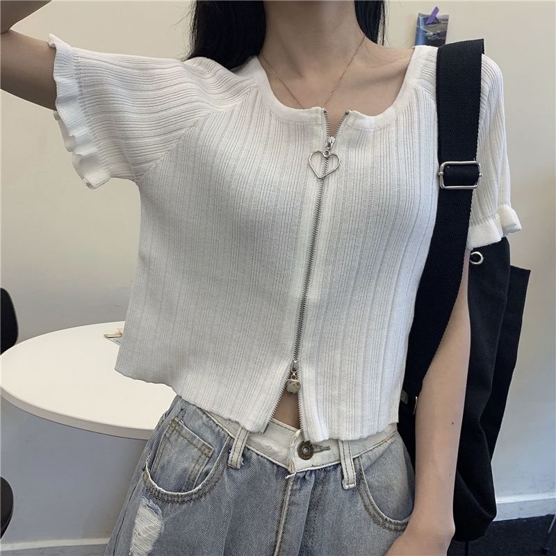 Round Plain Zip Cardigan Ribbed Short-Sleeve Neck