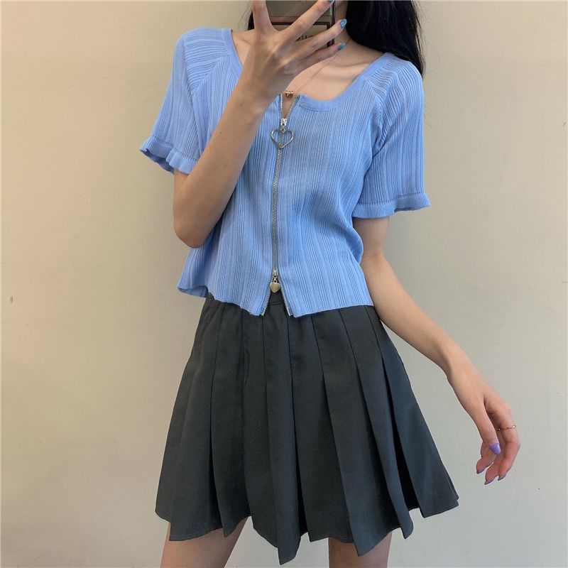 Round Plain Zip Cardigan Ribbed Short-Sleeve Neck