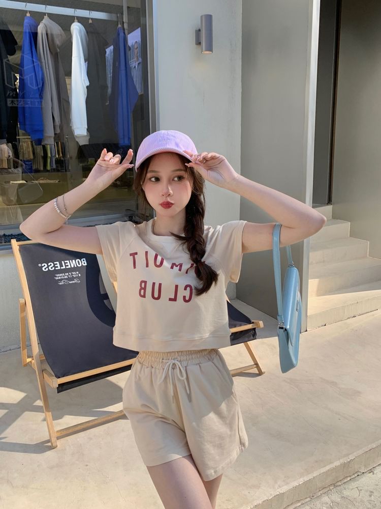 Set: Neck Plain Short-Sleeve Crew Lettering Shorts Waist T-Shirt Print + Drawstring