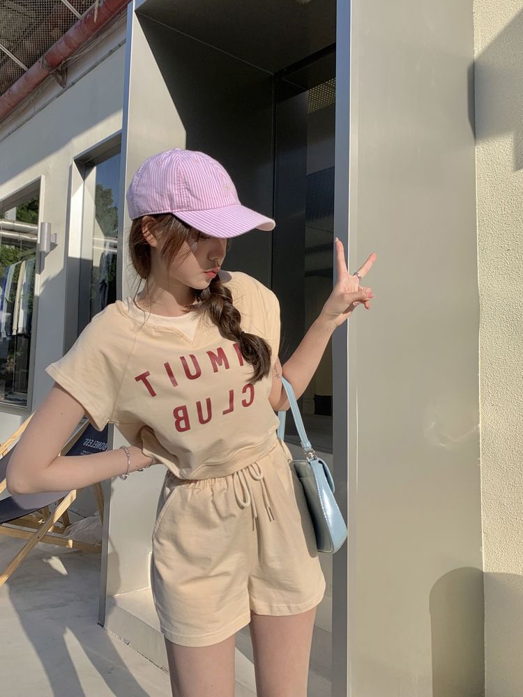 Set: Neck Plain Short-Sleeve Crew Lettering Shorts Waist T-Shirt Print + Drawstring