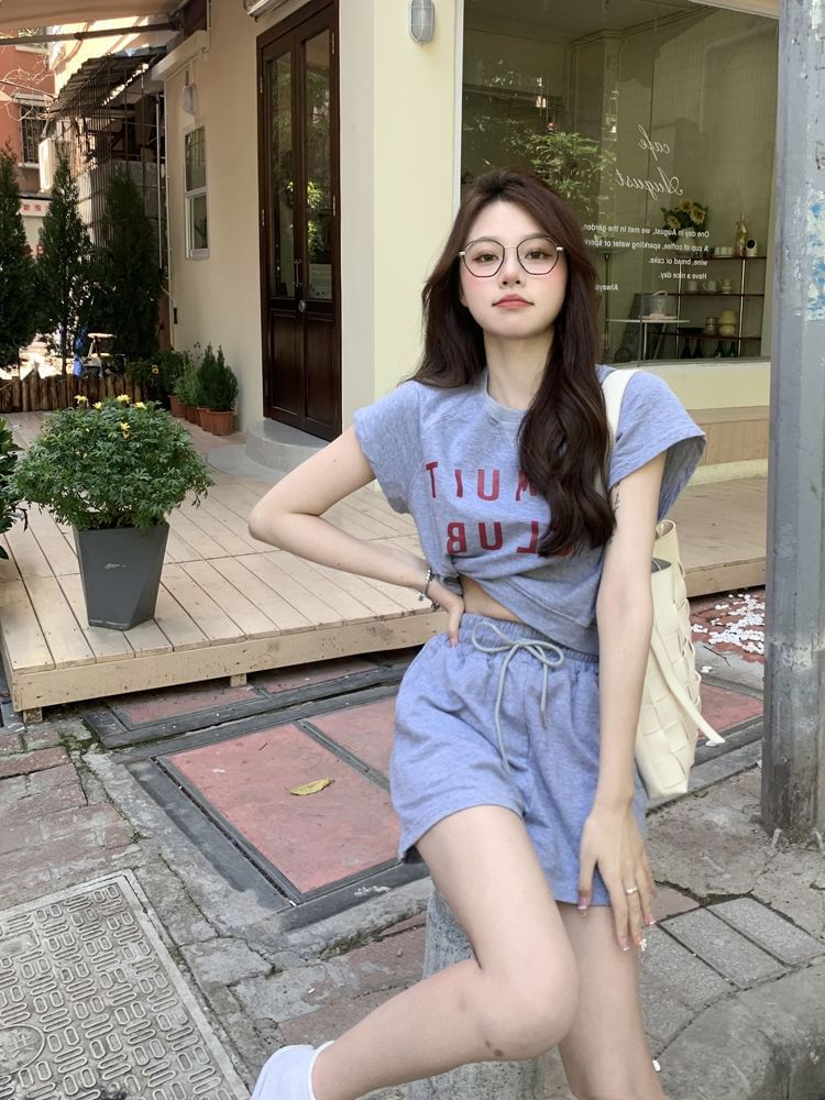 Set: Neck Plain Short-Sleeve Crew Lettering Shorts Waist T-Shirt Print + Drawstring