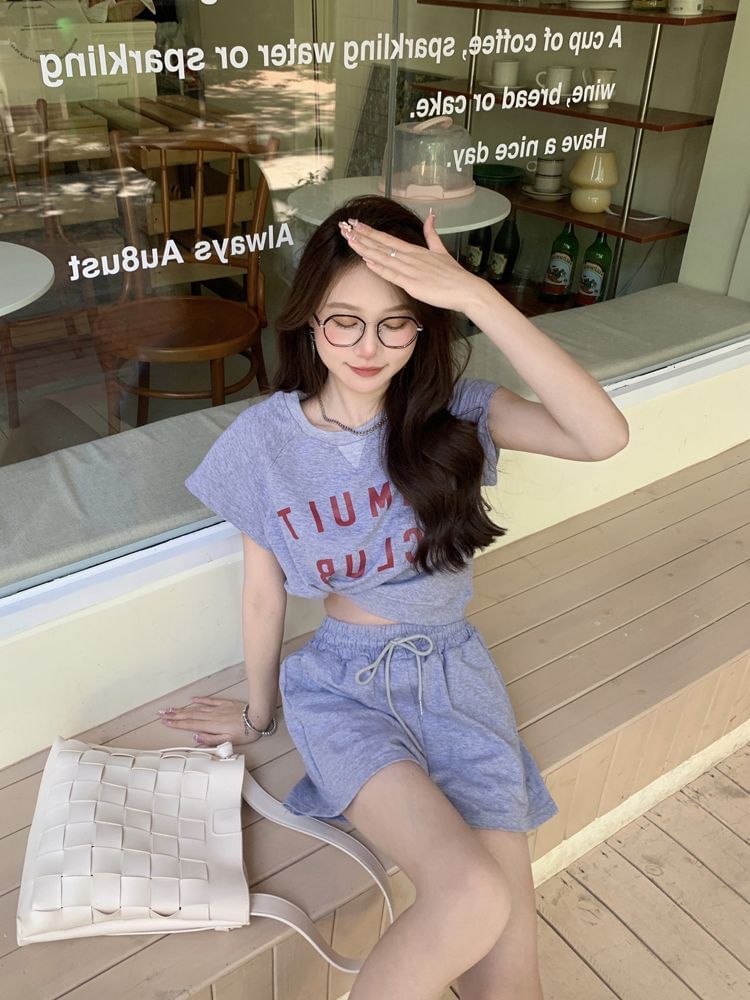 Set: Neck Plain Short-Sleeve Crew Lettering Shorts Waist T-Shirt Print + Drawstring