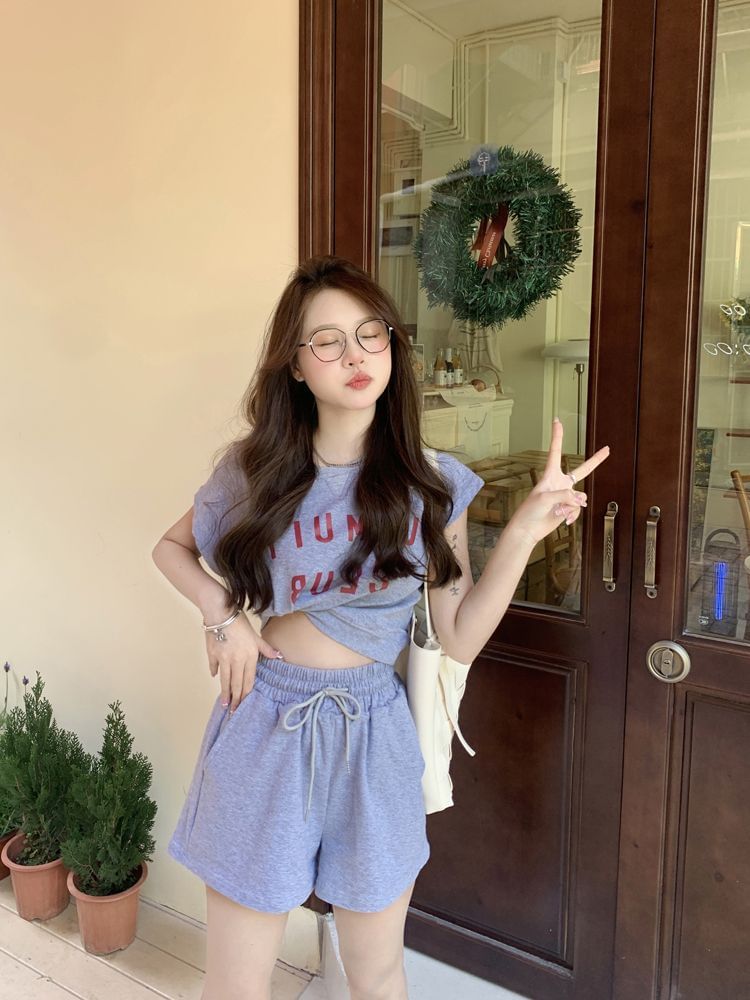 Set: Neck Plain Short-Sleeve Crew Lettering Shorts Waist T-Shirt Print + Drawstring