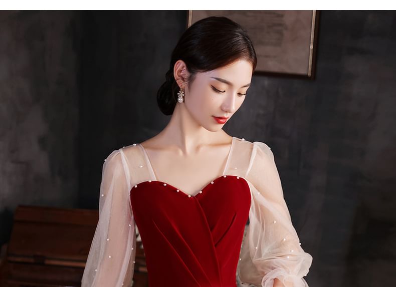 A-Line Evening Midi Pearl Puff-Sleeve Dress Plain Faux Gown /