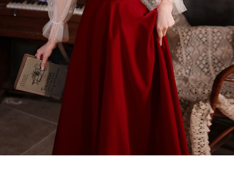 A-Line Evening Midi Pearl Puff-Sleeve Dress Plain Faux Gown /