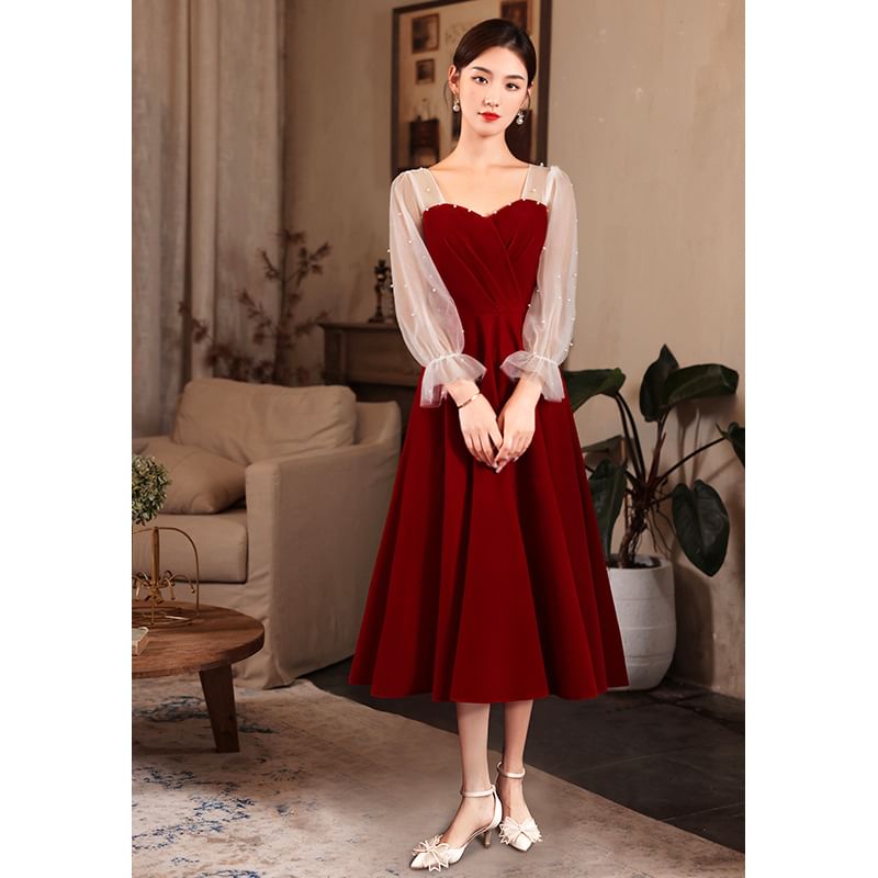 A-Line Evening Midi Pearl Puff-Sleeve Dress Plain Faux Gown /