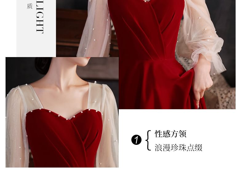 A-Line Evening Midi Pearl Puff-Sleeve Dress Plain Faux Gown /