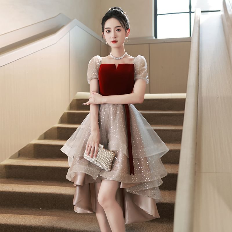 Evening Dress Gown A-Line Cocktail Sequin Puff-Sleeve /