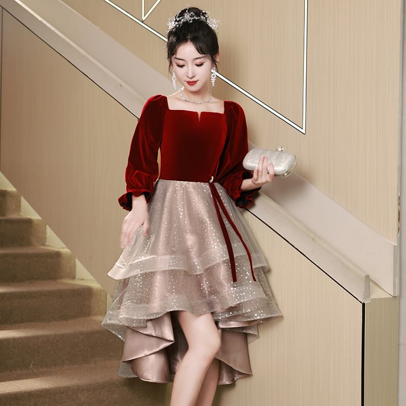 Evening Dress Gown A-Line Cocktail Sequin Puff-Sleeve /