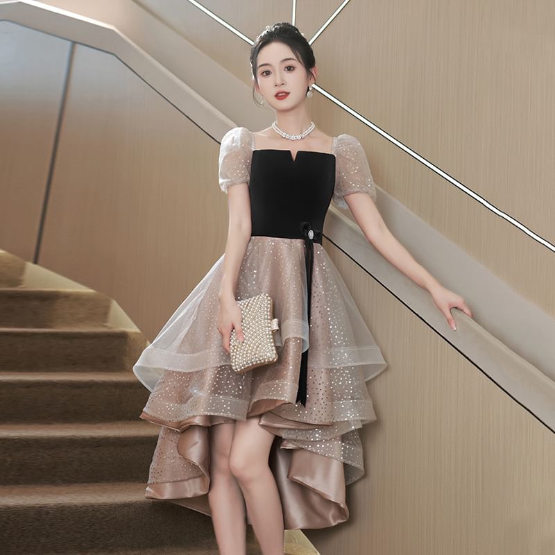 Evening Dress Gown A-Line Cocktail Sequin Puff-Sleeve /