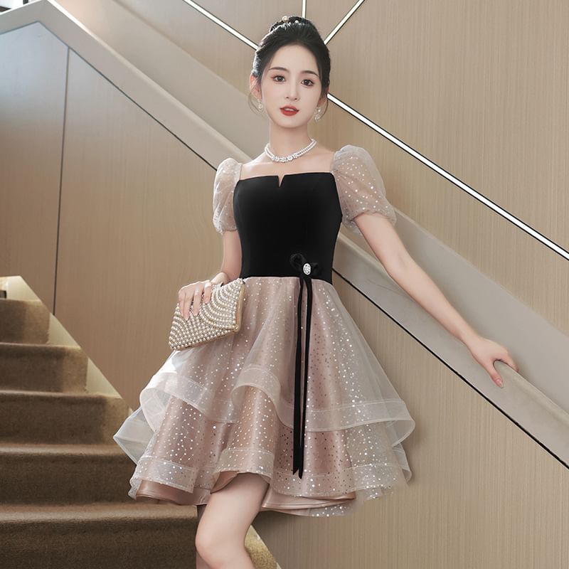 Evening Dress Gown A-Line Cocktail Sequin Puff-Sleeve /