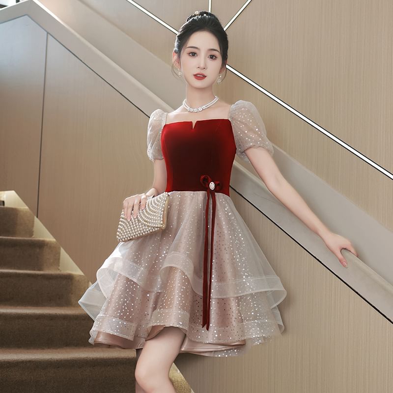 Evening Dress Gown A-Line Cocktail Sequin Puff-Sleeve /