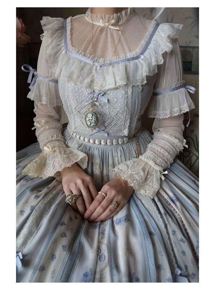 Long-Sleeve Stand Collar Dotted Bow Accent Frill Trim Mesh Top