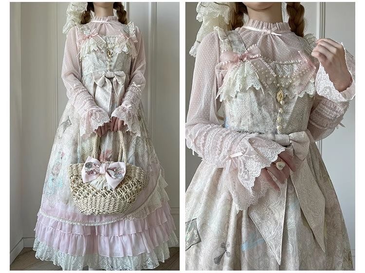 Long-Sleeve Stand Collar Dotted Bow Accent Frill Trim Mesh Top