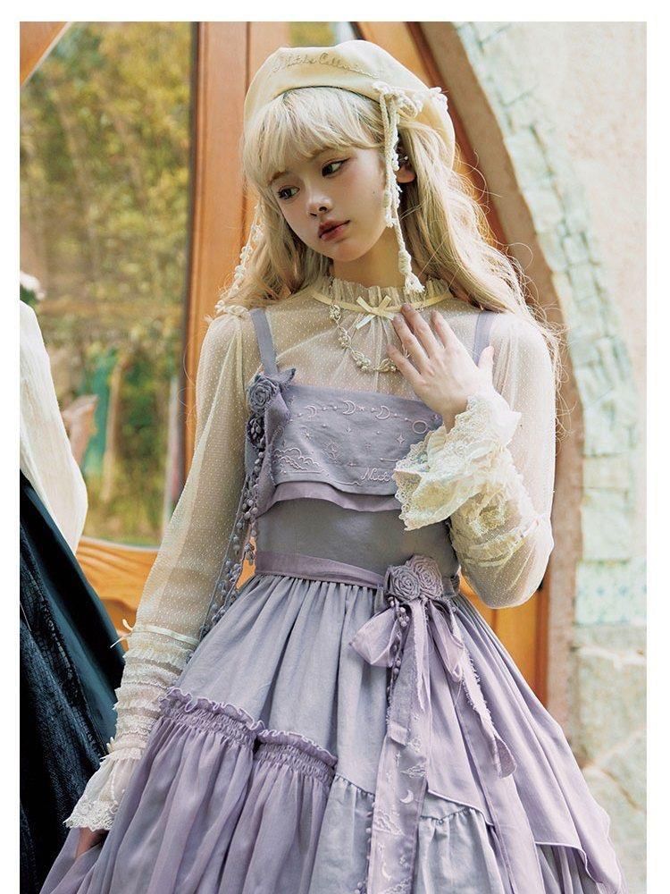 Long-Sleeve Stand Collar Dotted Bow Accent Frill Trim Mesh Top