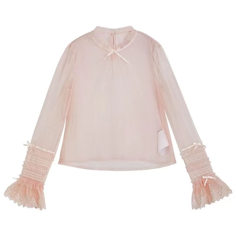 Long-Sleeve Stand Collar Dotted Bow Accent Frill Trim Mesh Top