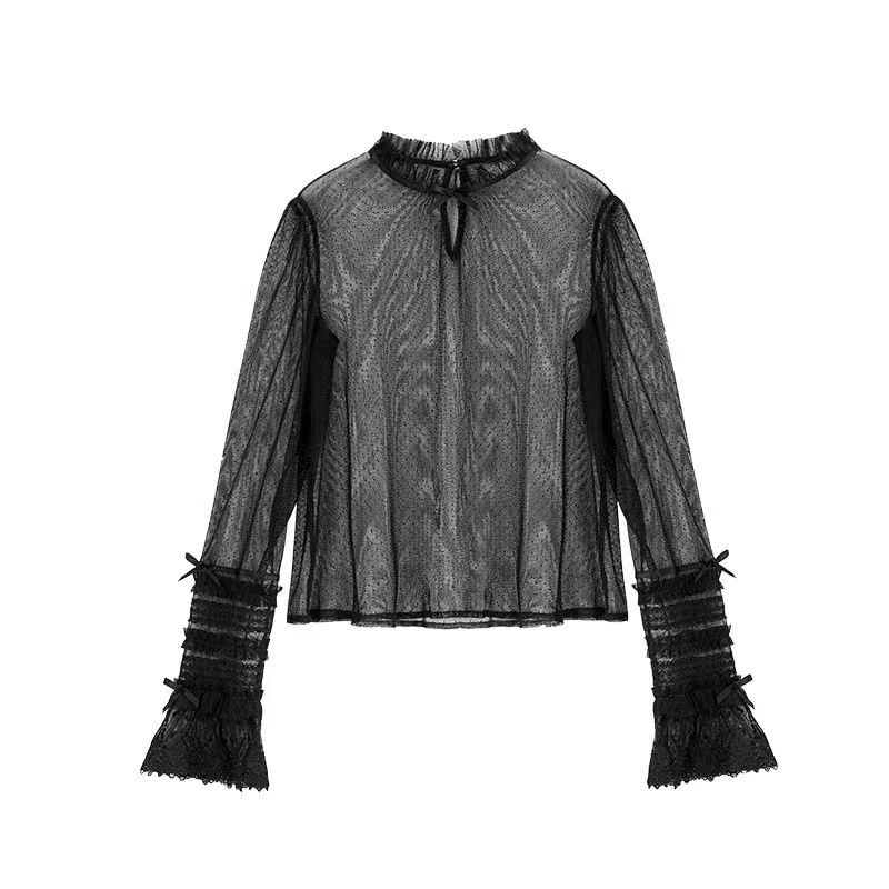 Long-Sleeve Stand Collar Dotted Bow Accent Frill Trim Mesh Top