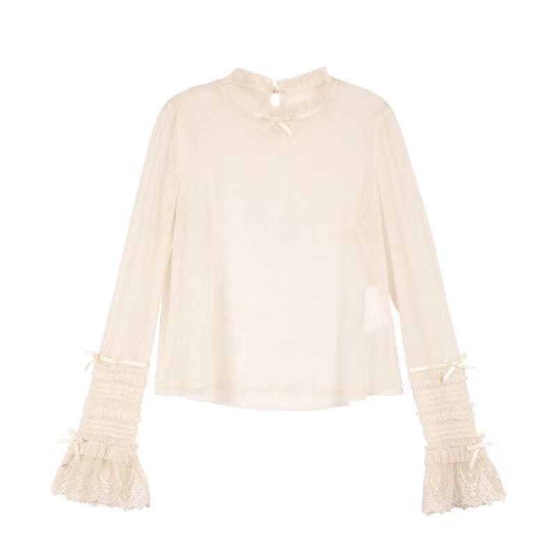 Long-Sleeve Stand Collar Dotted Bow Accent Frill Trim Mesh Top