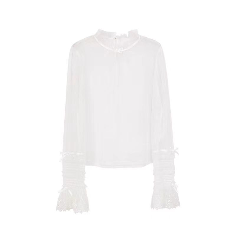 Long-Sleeve Stand Collar Dotted Bow Accent Frill Trim Mesh Top