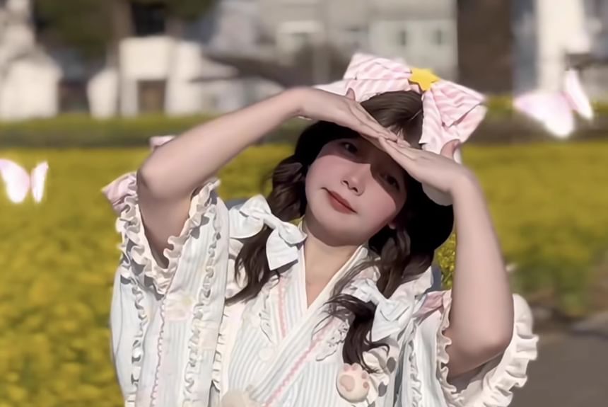 Set: Long-Sleeve V-Neck Lace Trim Wrap Blouse + Two Tone Frill Trim Suspender Mini A-Line Skirt + Apron + Bow + Hair Clip