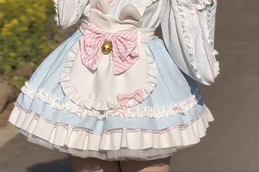 Set: Long-Sleeve V-Neck Lace Trim Wrap Blouse + Two Tone Frill Trim Suspender Mini A-Line Skirt + Apron + Bow + Hair Clip