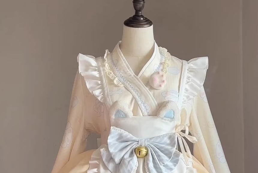 Set: Long-Sleeve V-Neck Lace Trim Wrap Blouse + Two Tone Frill Trim Suspender Mini A-Line Skirt + Apron + Bow + Hair Clip