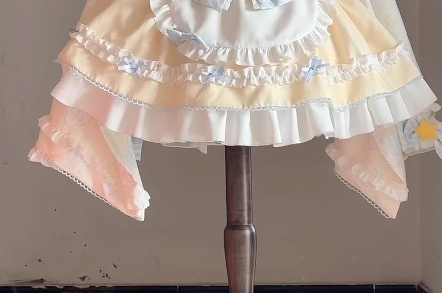 Set: Long-Sleeve V-Neck Lace Trim Wrap Blouse + Two Tone Frill Trim Suspender Mini A-Line Skirt + Apron + Bow + Hair Clip