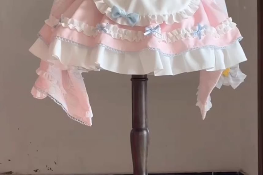 Set: Long-Sleeve V-Neck Lace Trim Wrap Blouse + Two Tone Frill Trim Suspender Mini A-Line Skirt + Apron + Bow + Hair Clip